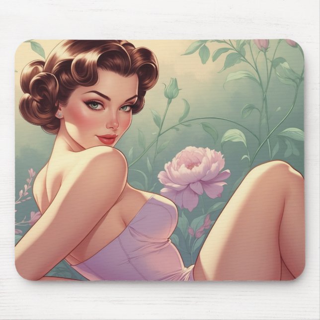 Brunette Pin-Up Pastel Flowers  Mouse Pad (Front)
