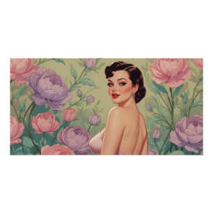 Brunette Pin-Up Pastel Flowers Poster