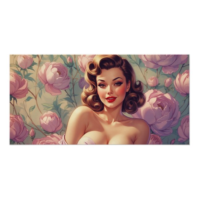 Brunette Pin-Up Pastel Flowers Poster (Front)