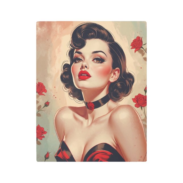 Brunette Pin-Up Red Roses Portrait  Metal Print (Front)