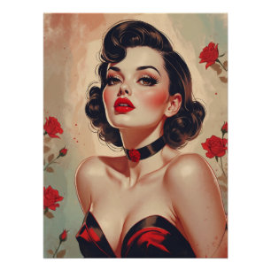 Brunette Pin-Up Red Roses Portrait  Poster