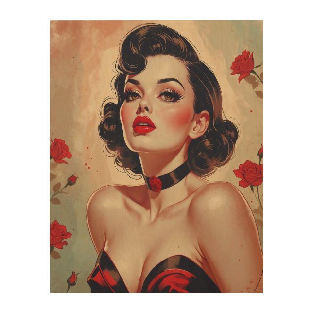 Brunette Pin-Up Red Roses Portrait  Wood Wall Art (Front)