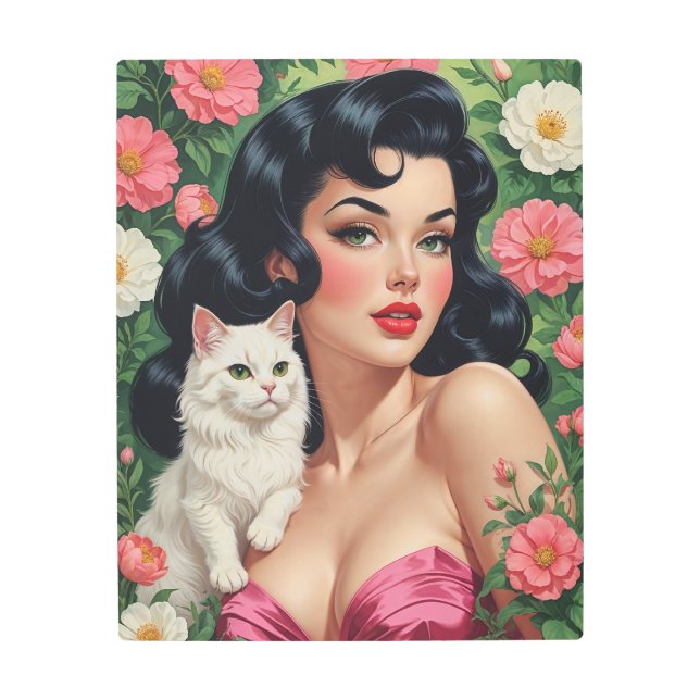 Brunette Pin-Up with Cute White Cat  Metal Print (Front)
