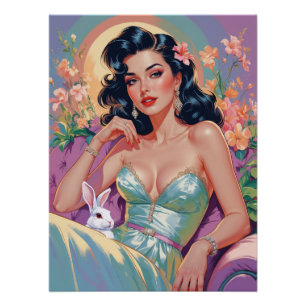 Brunette Pin-Up with Easter Bunny Poster