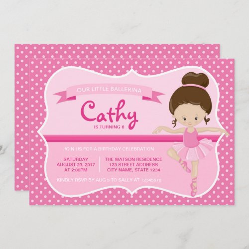 Brunette Pink Ballerina Birthday Invitation