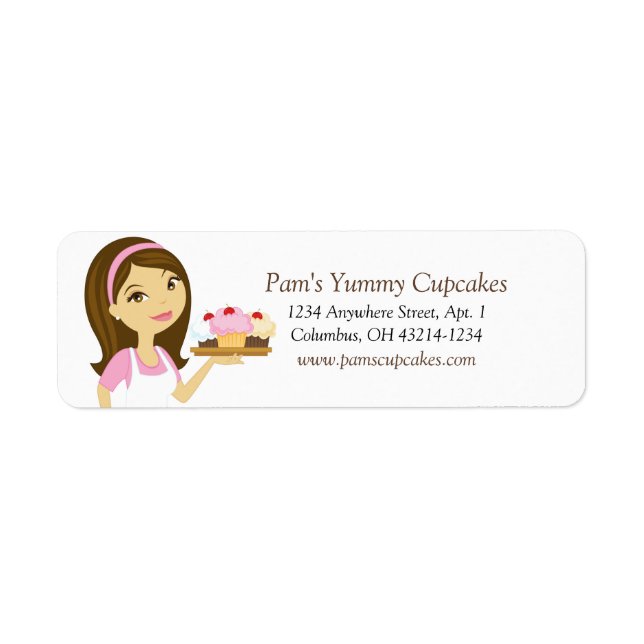 Brunette/Pink Cupcake Baker Return Address Labels (Front)