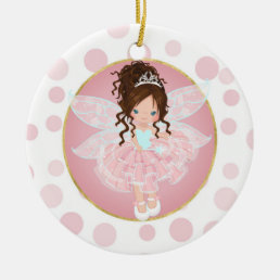 Brunette Pink Fairy Ceramic Ornament