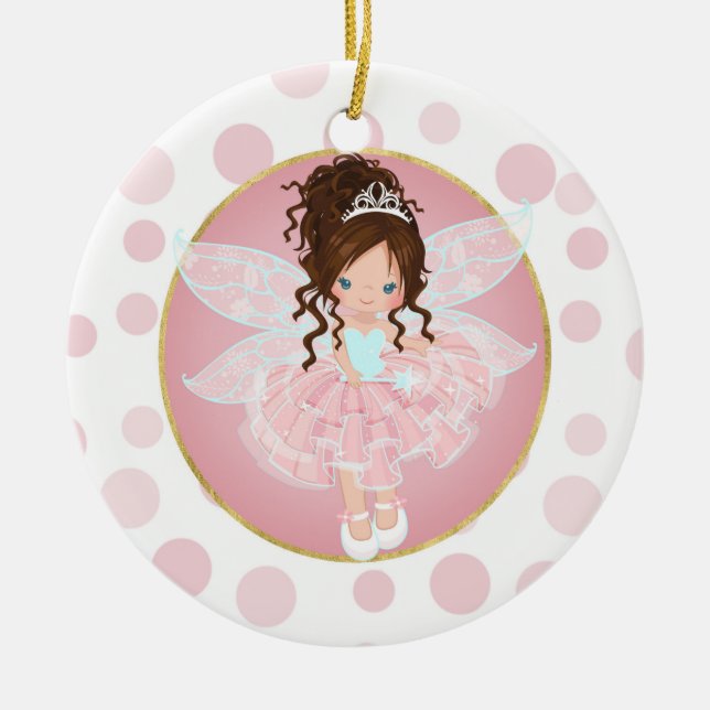 Brunette Pink Fairy Ceramic Ornament (Front)