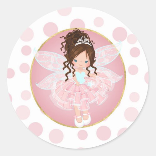 Brunette Pink Fairy Classic Round Sticker