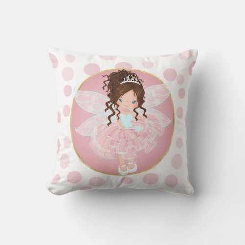 Brunette Pink Fairy Throw Pillow
