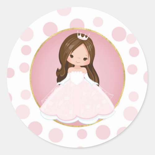Brunette Pink Princess Classic Round Sticker