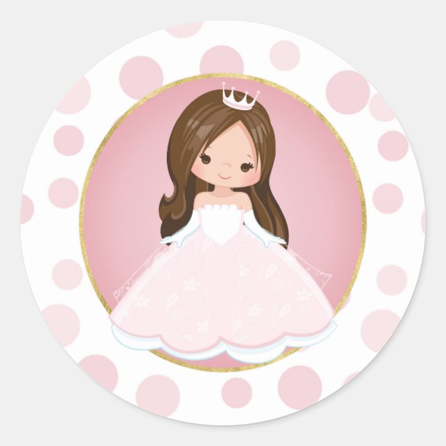 Brunette Pink Princess Classic Round Sticker (Front)