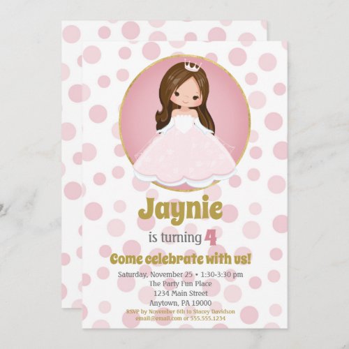 Brunette Pink Princess Girls Birthday Invitation