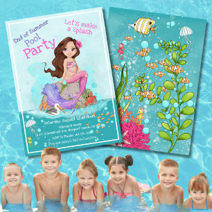 Brunette Pink Purple Mermaid Summer Pool Party Invitation