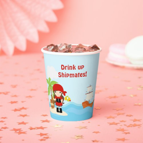 Brunette Pirate Girl in Red Birthday Party Paper Cups