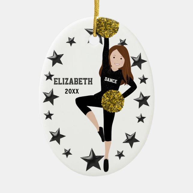 Brunette Pom Squad Gold and Black Ceramic Ornament (Front)