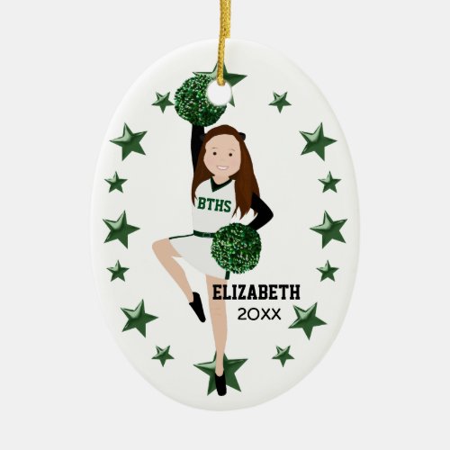 Brunette Pom Squad Green and White Ceramic Ornament