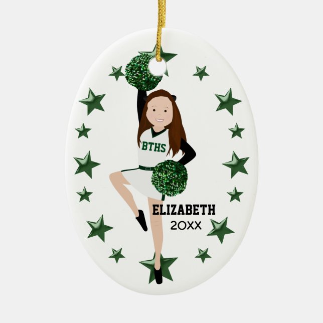 Brunette Pom Squad Green and White Ceramic Ornament (Front)