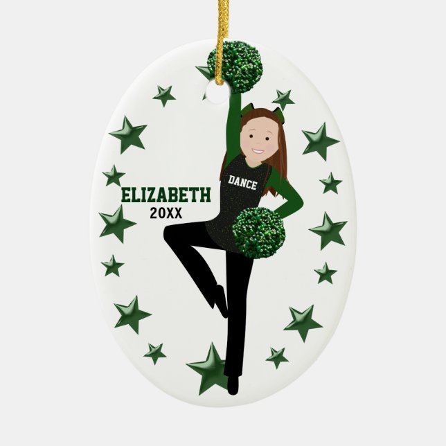Brunette Pom Squad Green & Black Ceramic Ornament (Front)