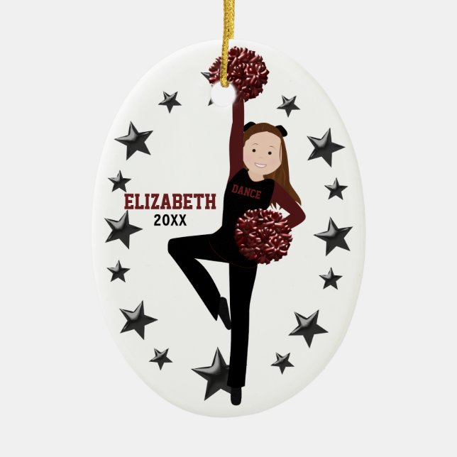 Brunette Pom Squad in Black & Maroon Ceramic Ornament (Front)