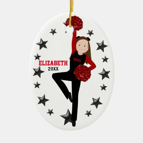 Brunette Pom Squad in Black  Red Ceramic Ornament