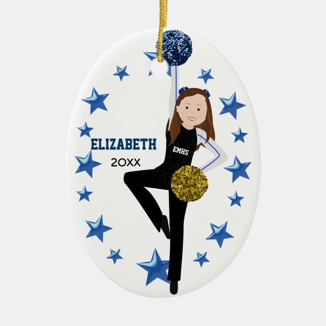 Brunette Pom Squad in Gold, Blue & Black Ceramic Ornament (Front)