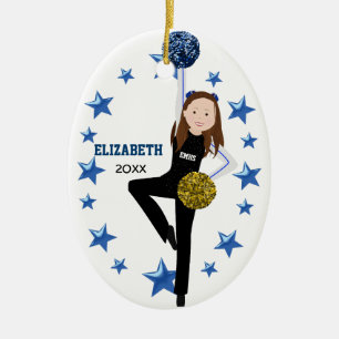 Brunette Pom Squad in Gold, Blue & Black Ceramic Ornament