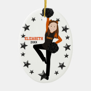 Brunette Pom Squad Orange & Black Ceramic Ornament