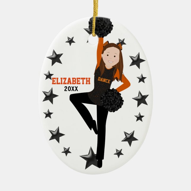 Brunette Pom Squad Orange & Black Ceramic Ornament (Front)