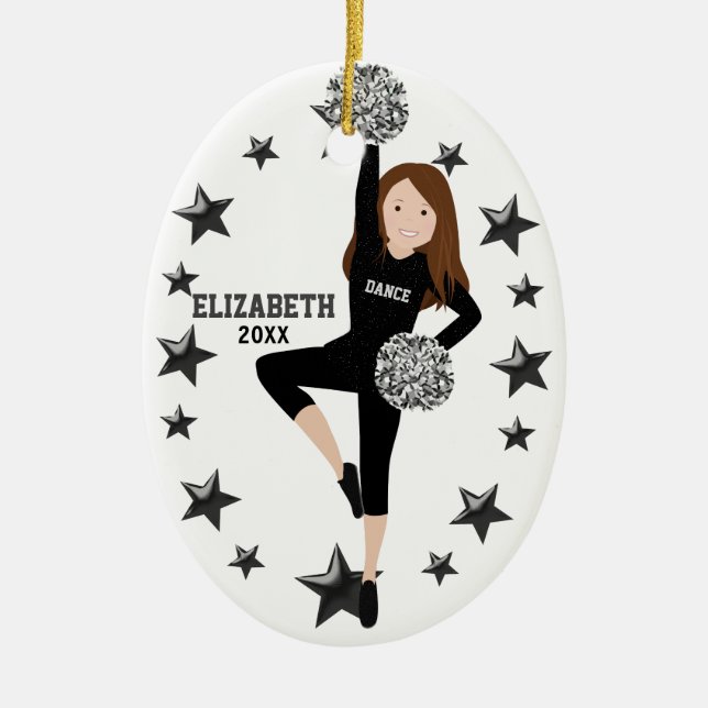 Brunette Pom Squad Silver & Black Ceramic Ornament (Front)