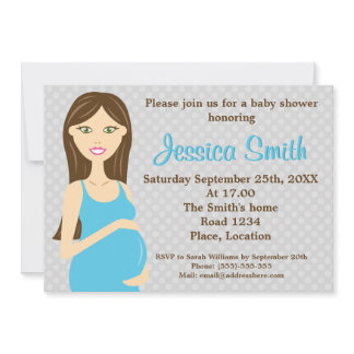 Brunette Pregnant Woman In Blue Dress Baby Shower Invitation