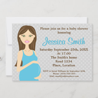 Brunette Pregnant Woman In Blue Dress Baby Shower Invitation