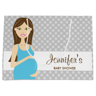 Brunette Pregnant Woman In Blue Dress Baby Shower Large Gift Bag