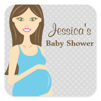 Brunette Pregnant Woman In Blue Dress Baby Shower Square Sticker