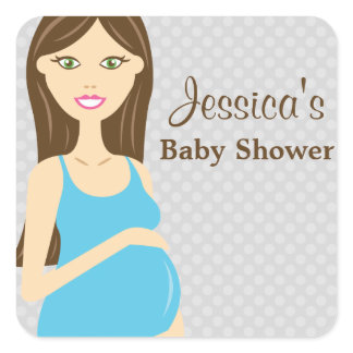 Brunette Pregnant Woman In Blue Dress Baby Shower Square Sticker