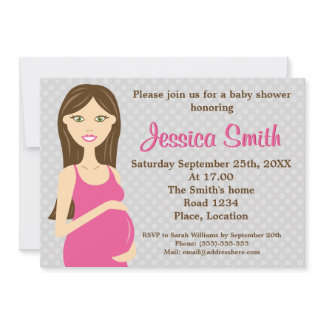 Brunette Pregnant Woman In Pink Dress Baby Shower Invitation