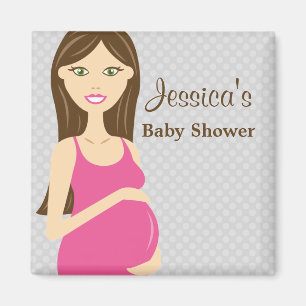 Brunette Pregnant Woman In Pink Dress Baby Shower Magnet