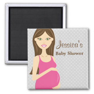 Brunette Pregnant Woman In Pink Dress Baby Shower Magnet
