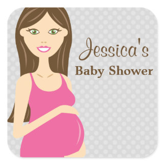 Brunette Pregnant Woman In Pink Dress Baby Shower Square Sticker