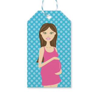 Brunette Pregnant Woman In Pink Dress Gift Tags