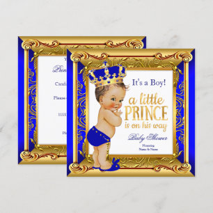 Brunette Prince Baby Shower Blue Faux Gold Invitation