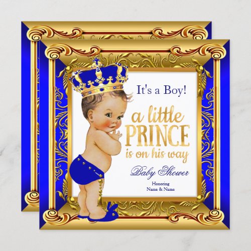 Brunette Prince Baby Shower Blue Faux Gold Invitation