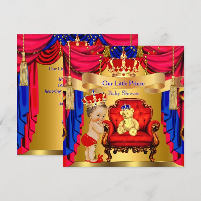 Brunette Prince Baby Shower Gold Bear Red Blue Invitation (Front/Back)