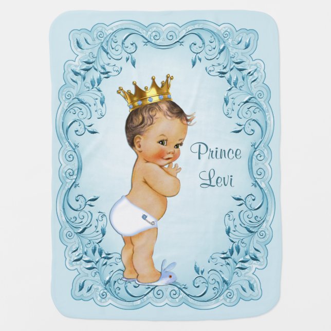 Brunette Prince Blue Leaves Personalized Baby Blanket (Front)