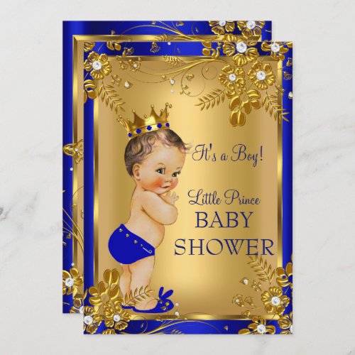 Brunette Prince Boy Baby Shower Gold Blue Floral Invitation