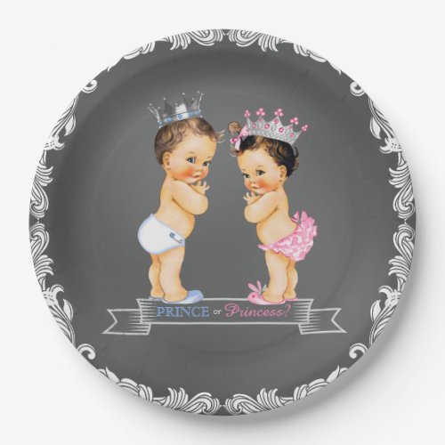 Brunette Prince Princess Chalkboard Baby Shower Paper Plates