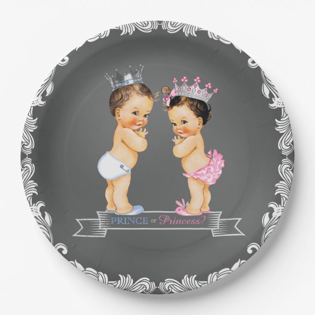 Brunette Prince Princess Chalkboard Baby Shower Paper Plates (Front)