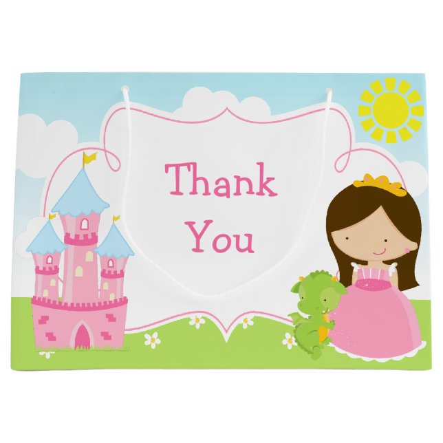 Brunette Princess and Dragon Thank You Large Gift Bag (Front)