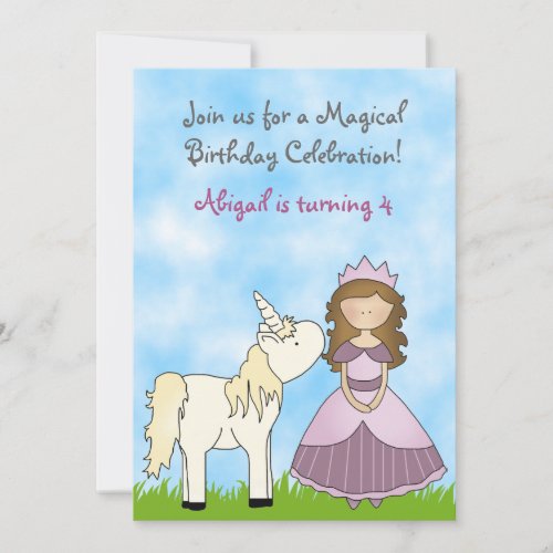 Brunette Princess and Unicorn Birthday Invitation
