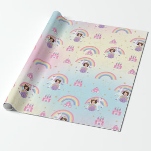 Brunette Princess and Unicorn Rainbow Birthday Wrapping Paper